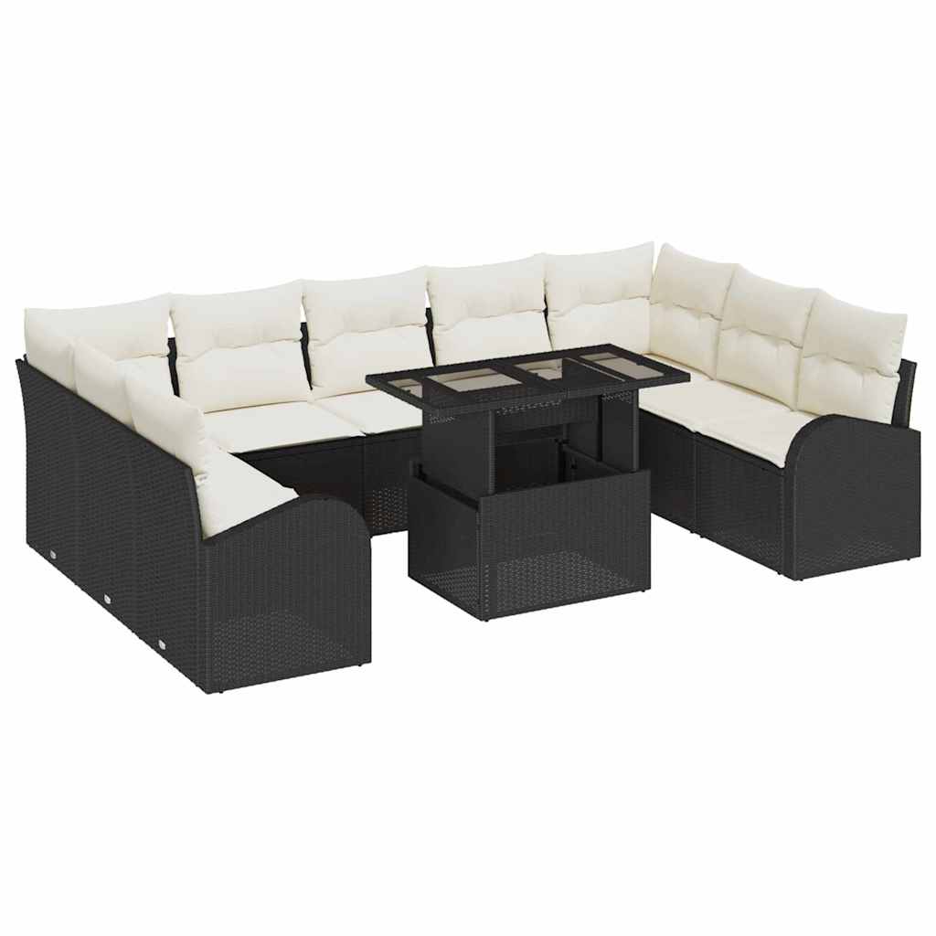 Sofa Set mit Kissen 10 pcs Schwarz und Creme Poly-Rattan