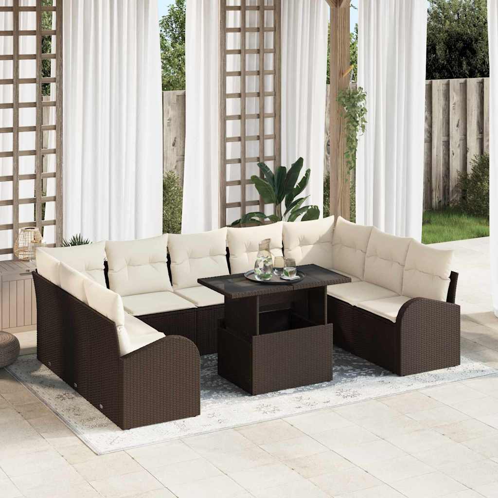 Sofa Set mit Kissen 10 pcs Schwarz und Creme Poly-Rattan
