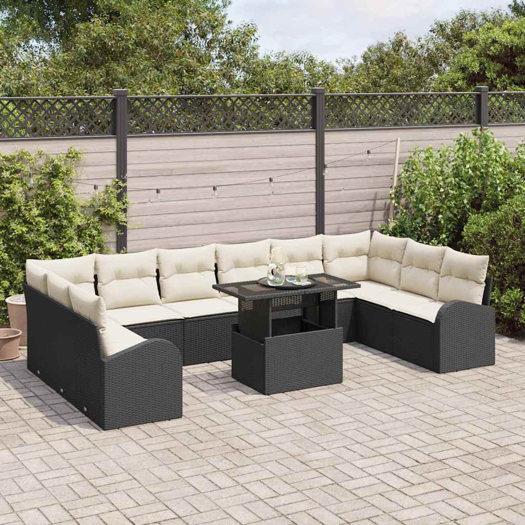 Garten-Sofa-Set mit Kissen 11 pcs Schwarz und Creme Poly-Rattan