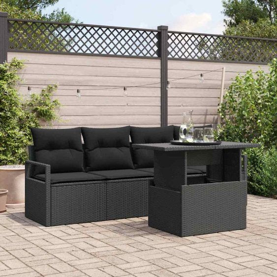 Sofa Set mit Kissen 5 pcs Schwarz und Creme Poly-Rattan