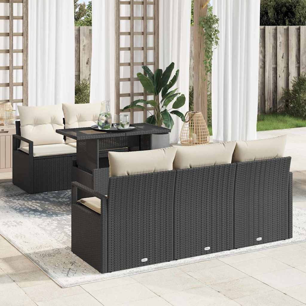 Sofa Set mit Kissen 6 pcs Schwarz Poly-Rattan