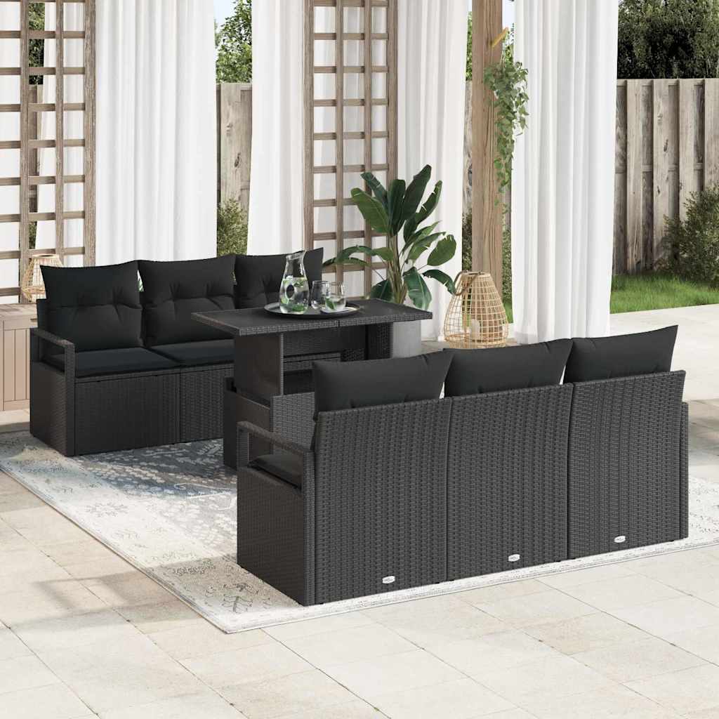 Gartensofa-set mit Speicher 7 pcs Schwarz und Creme Poly-Rattan