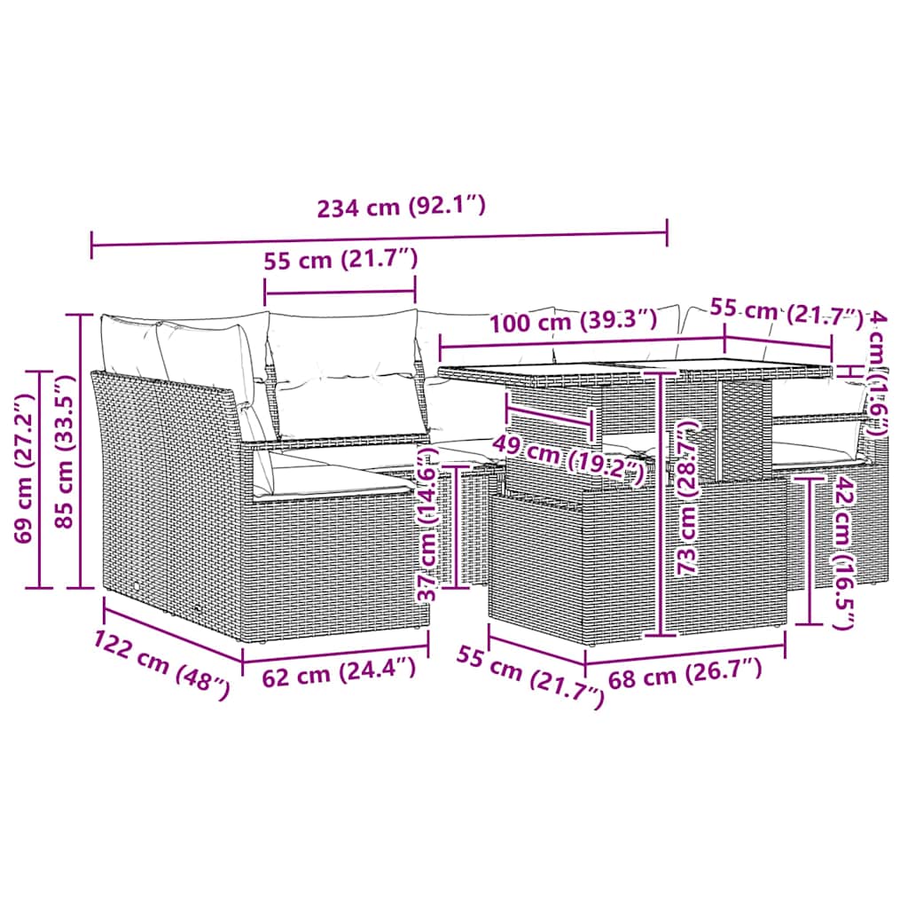 Sofa Set mit Kissen 7 pcs Schwarz Poly-Rattan