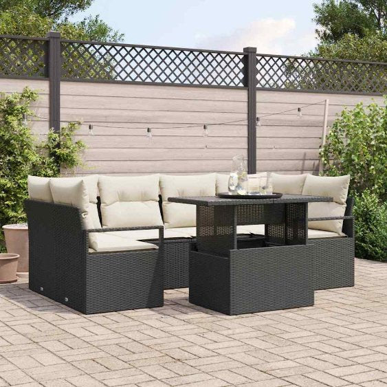 Sofa Set mit Kissen 7 pcs Schwarz Poly-Rattan