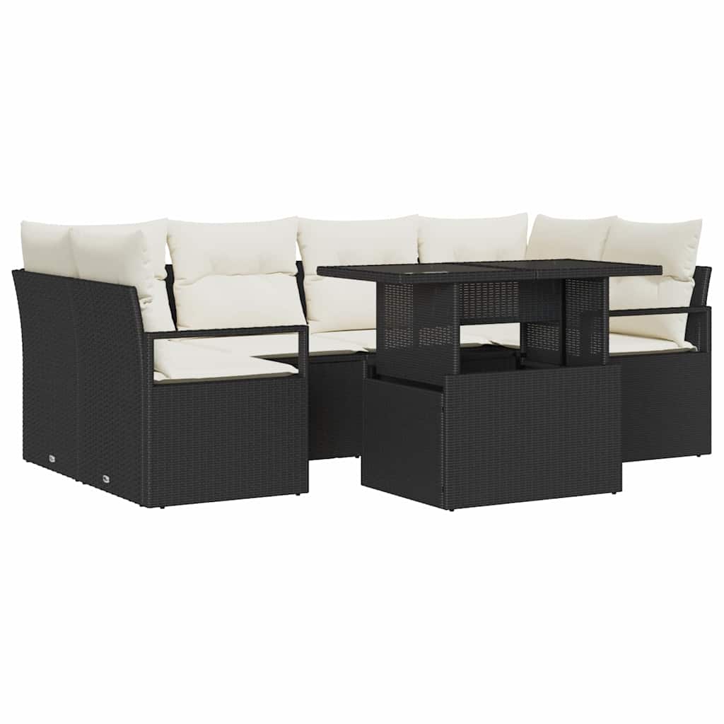 Sofa Set mit Kissen 7 pcs Schwarz Poly-Rattan