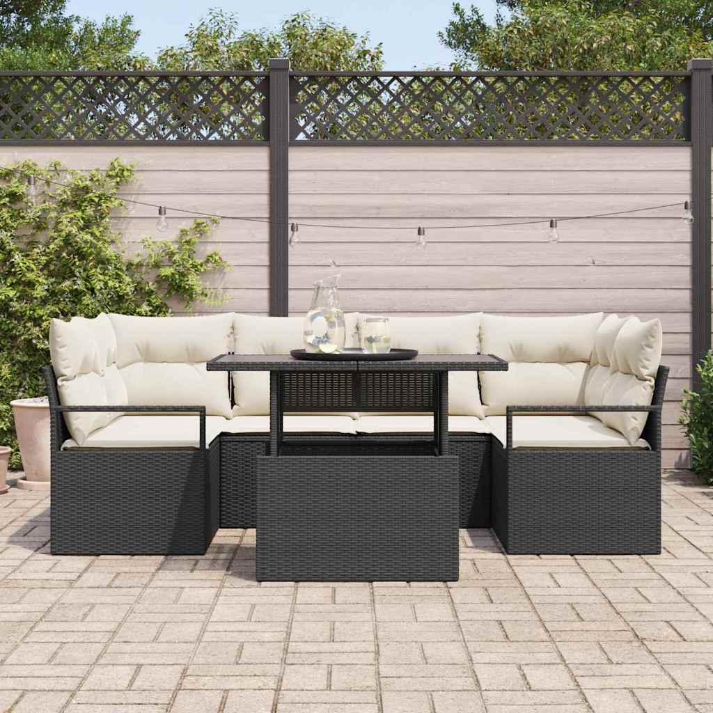 Sofa Set mit Kissen 7 pcs Schwarz Poly-Rattan