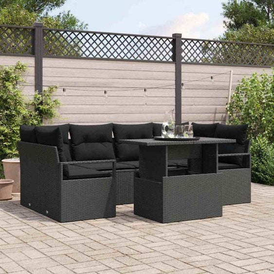 Sofa Set mit Kissen 7 pcs Schwarz Poly-Rattan