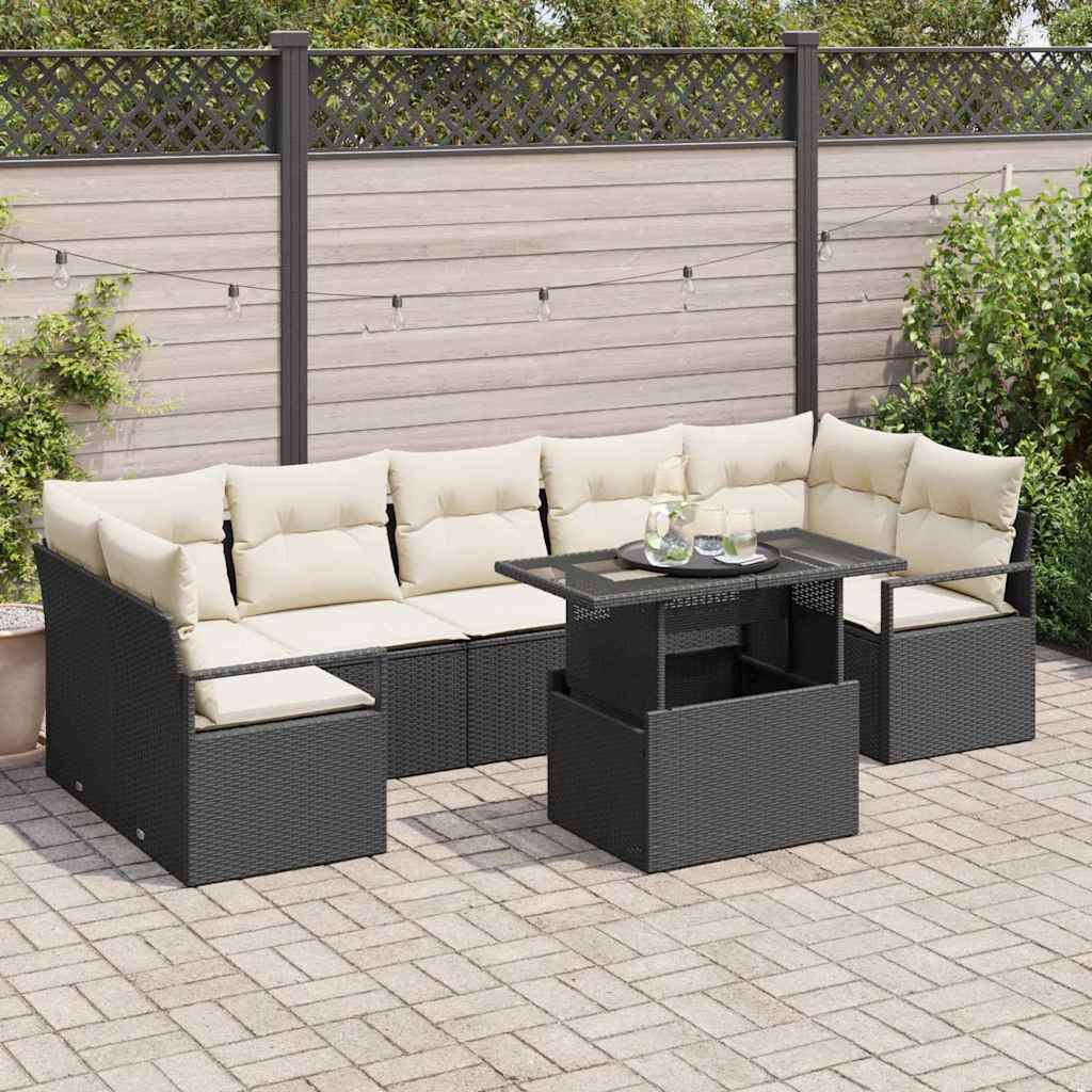 Garten-Sofa-Set mit Kissen 8 pcs Schwarz und Creme Poly-Rattan