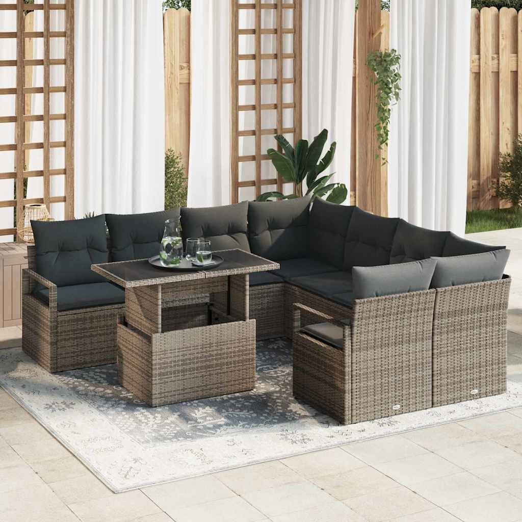 Gartensofa-set mit Speicher 9 pcs Schwarz und Creme Poly-Rattan