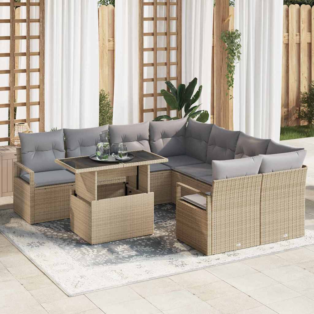 Gartensofa-set mit Speicher 9 pcs Schwarz und Creme Poly-Rattan