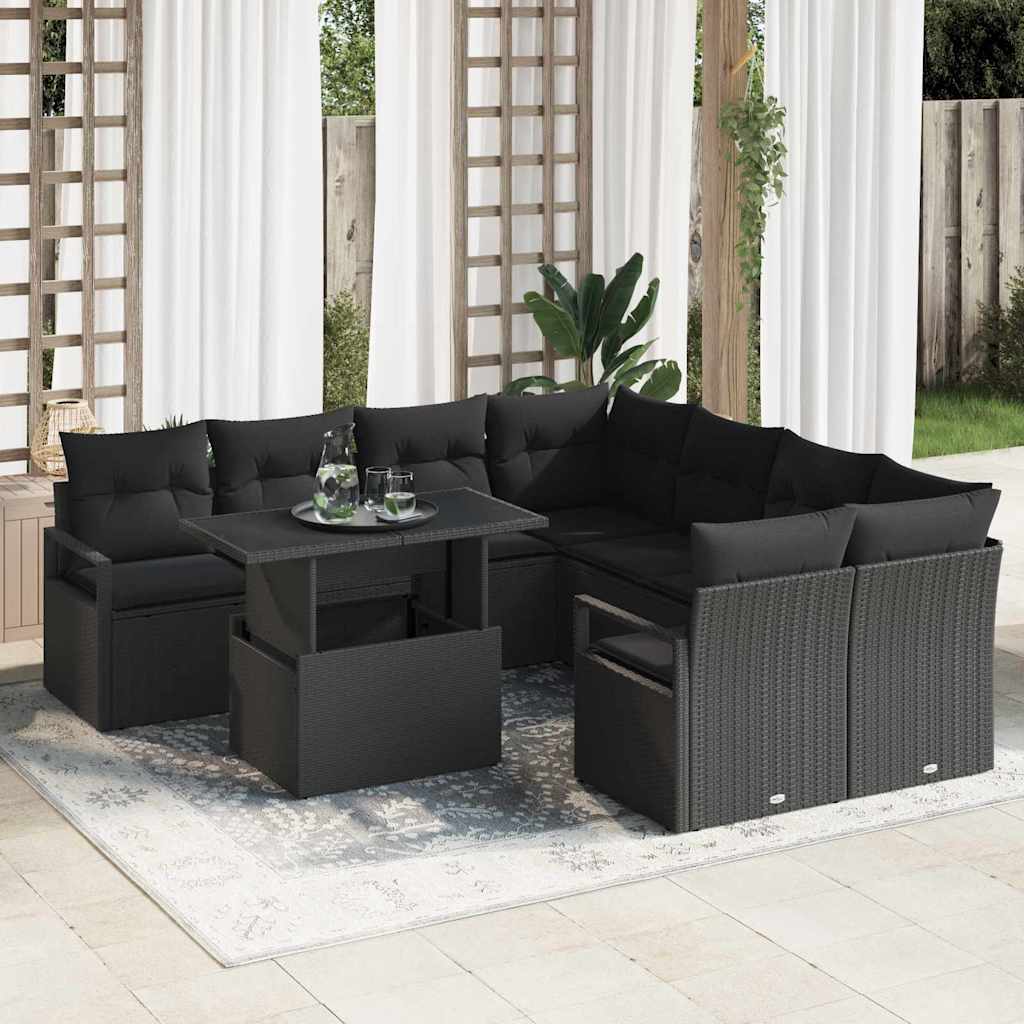 Gartensofa-set mit Speicher 9 pcs Schwarz und Creme Poly-Rattan