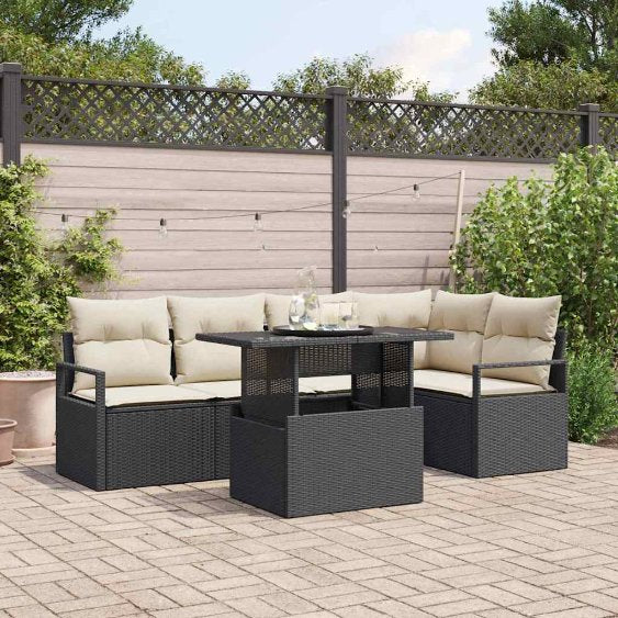 Gartensofa-set mit Speicher 6 pcs Schwarz und Creme Poly-Rattan