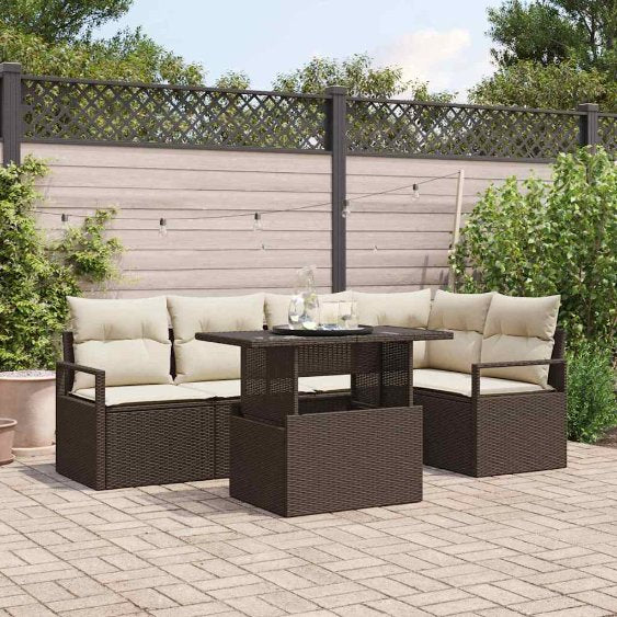 Gartensofa-set mit Speicher 6 pcs Schwarz und Creme Poly-Rattan