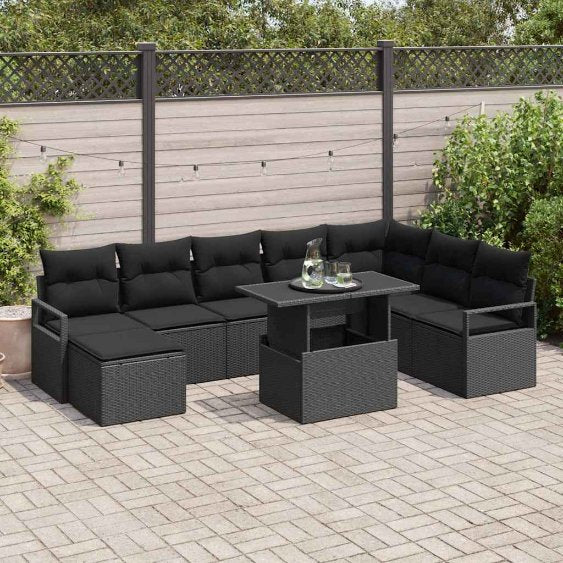 Garten-Sofa-Set mit Kissen 9 pcs Schwarz und Creme