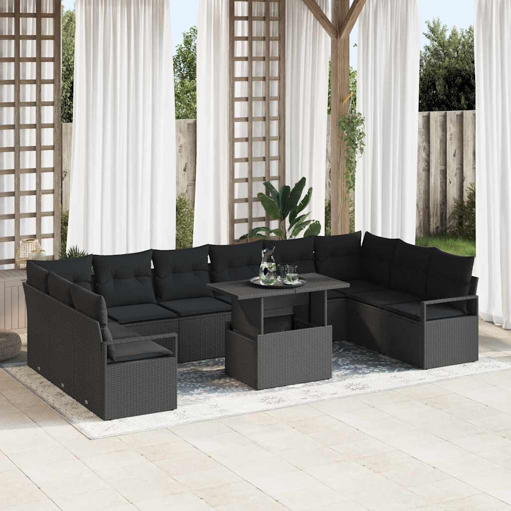 Garten-Sofa-Set mit Kissen 11 pcs Schwarz und Creme Poly-Rattan