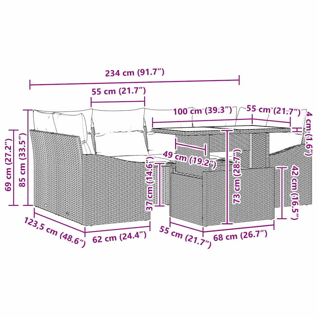 Garten-Sofa-Set mit Kissen 7 pcs Schwarz und Creme Poly-Rattan