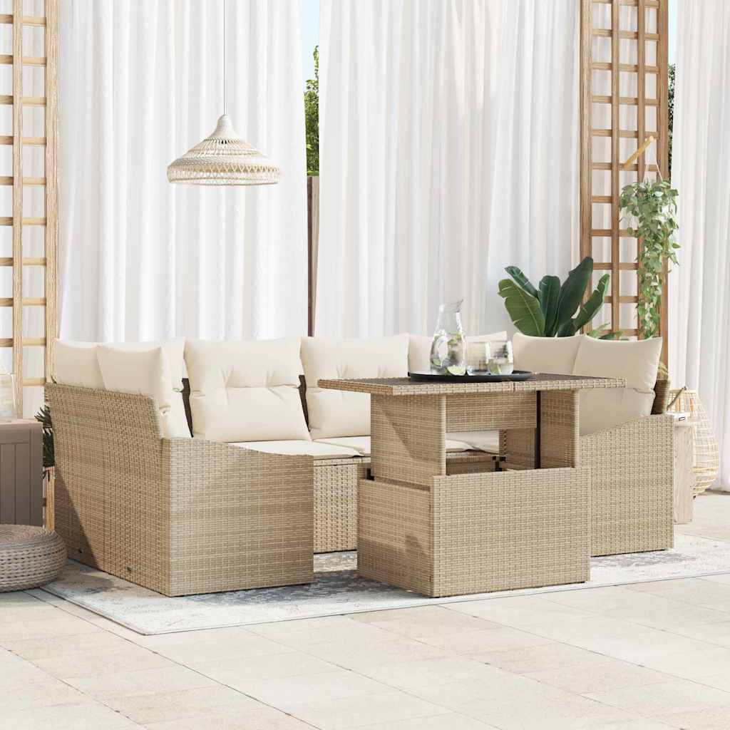 Garten-Sofa-Set mit Kissen 7 pcs Schwarz und Creme Poly-Rattan