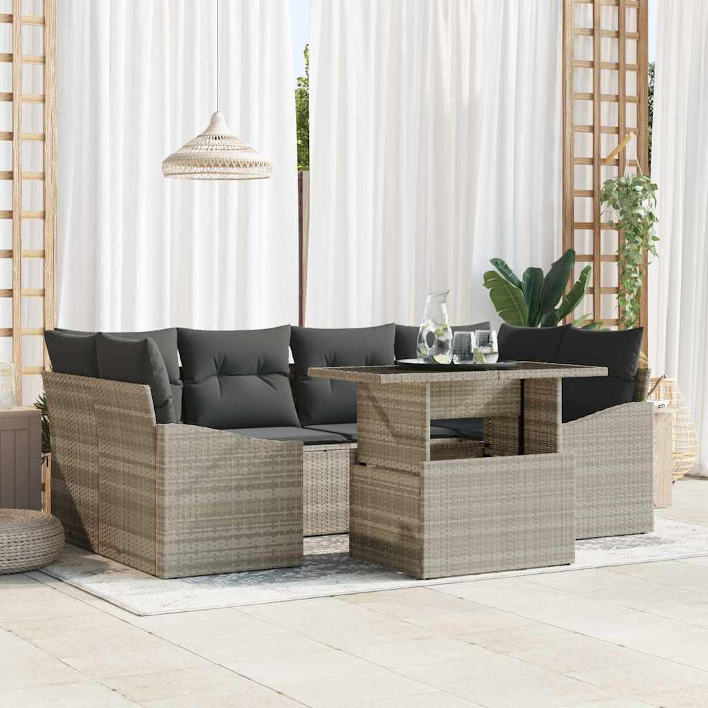 Garten-Sofa-Set mit Kissen 7 pcs Schwarz und Creme Poly-Rattan
