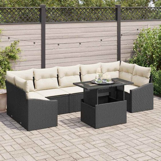 Gartensofa-set mit Kissen 8 pcs Schwarz und Creme Poly-Rattan