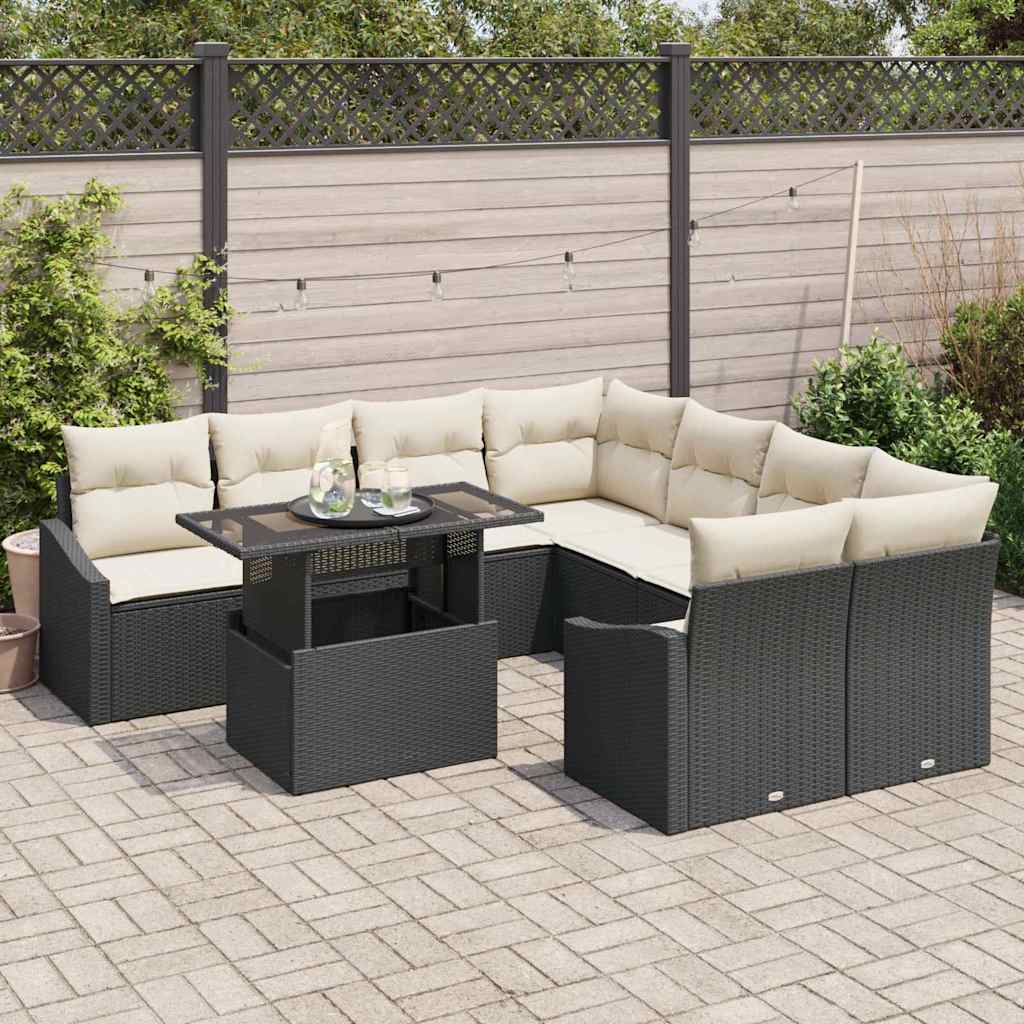 Gartensofa-set mit Kissen 9 pcs Schwarz und Creme Poly-Rattan