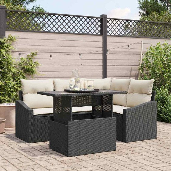 Gartensofa-set mit Kissen 5 pcs Schwarz und Creme Poly-Rattan