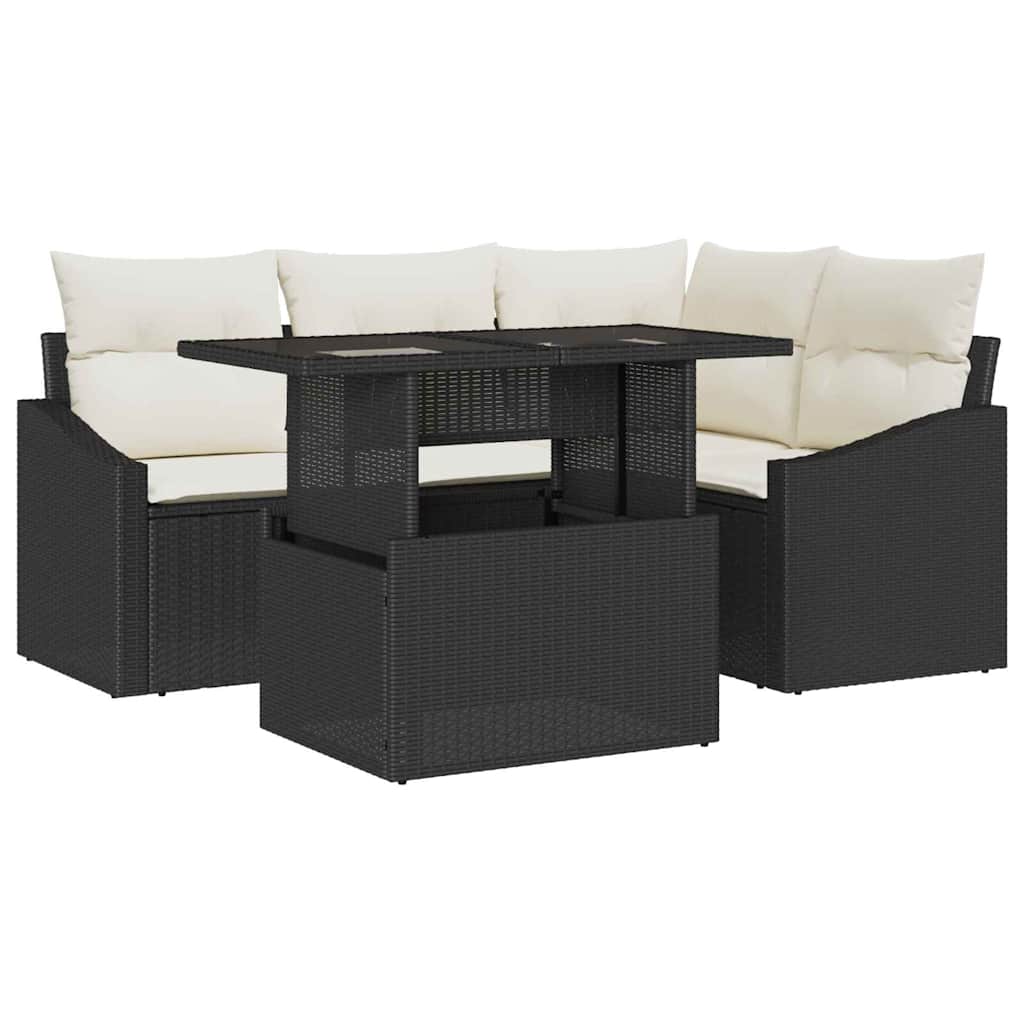 Gartensofa-set mit Kissen 5 pcs Schwarz und Creme Poly-Rattan