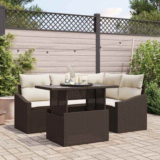 Gartensofa-set mit Kissen 5 pcs Schwarz und Creme Poly-Rattan