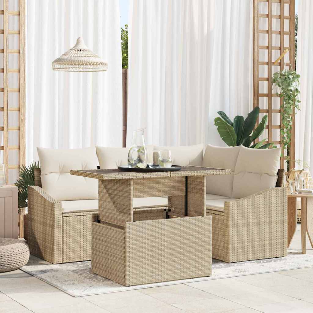 Gartensofa-set mit Kissen 5 pcs Schwarz und Creme Poly-Rattan