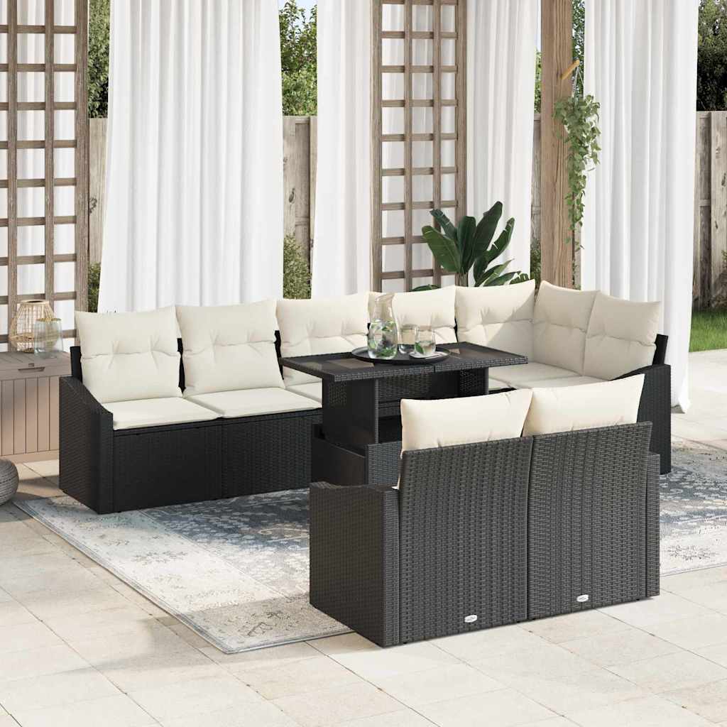 Garten-Sofa-Set mit Kissen mit Speicher 9 pcs Schwarz und Creme