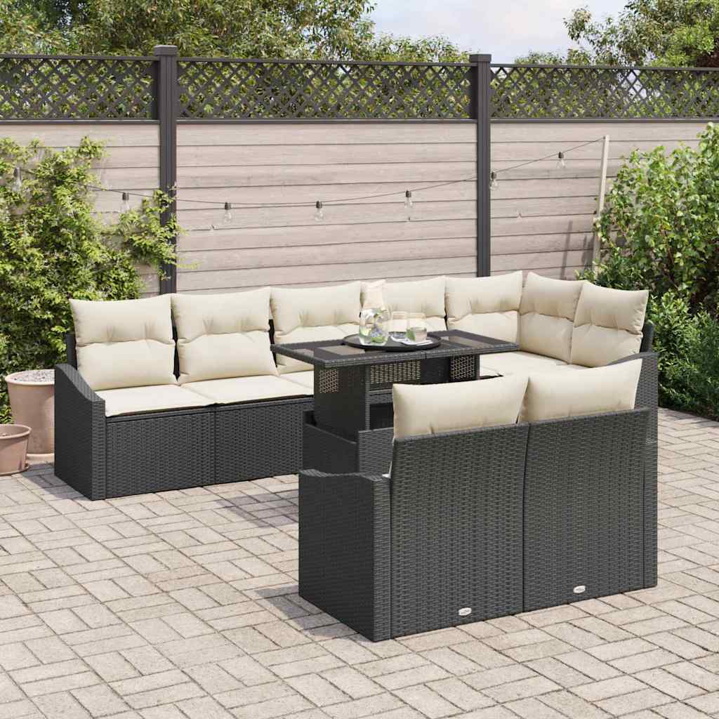 Garten-Sofa-Set mit Kissen mit Speicher 9 pcs Schwarz und Creme