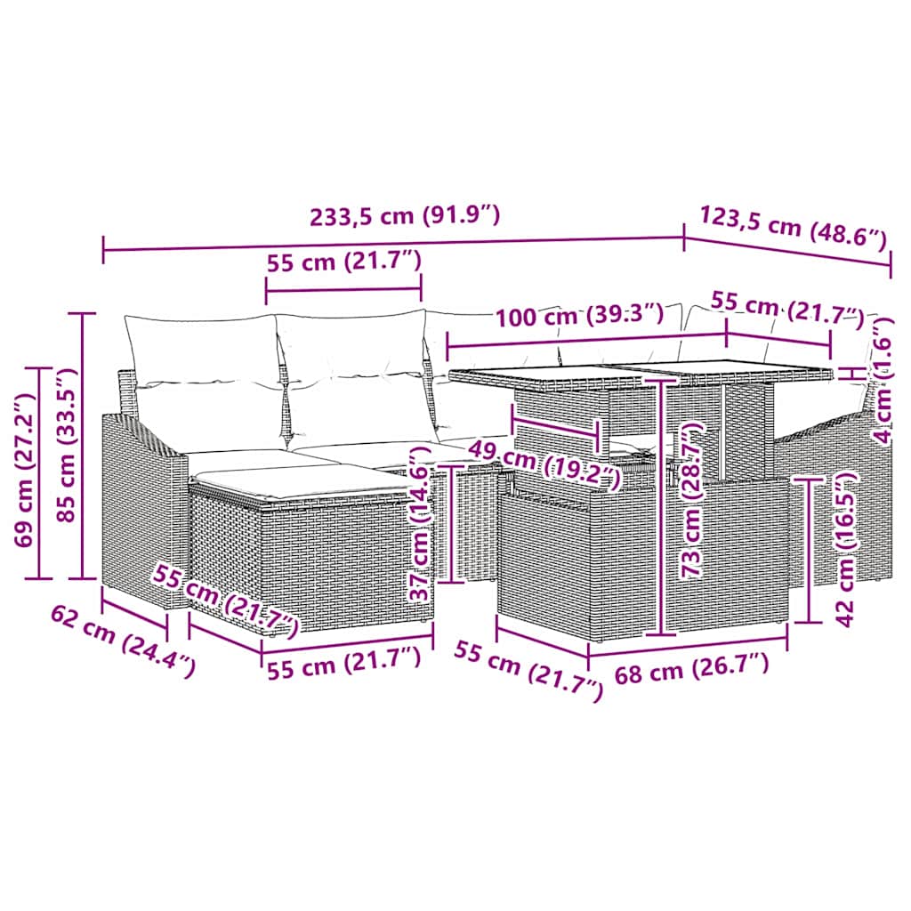 Garten-Sofa-Set mit Kissen 7 pcs Schwarz und Creme