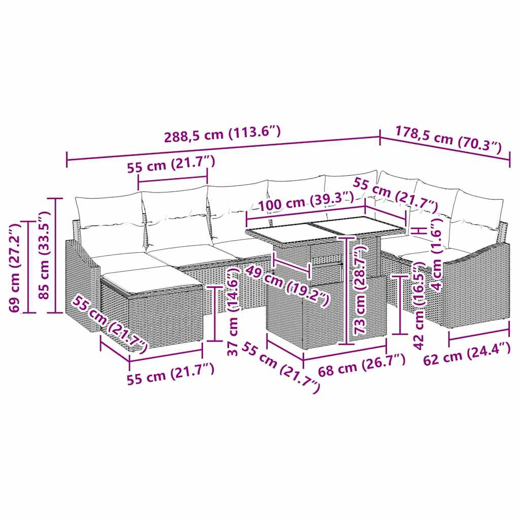 Sofa Set mit Kissen 9 pcs Schwarz und Creme Poly-Rattan