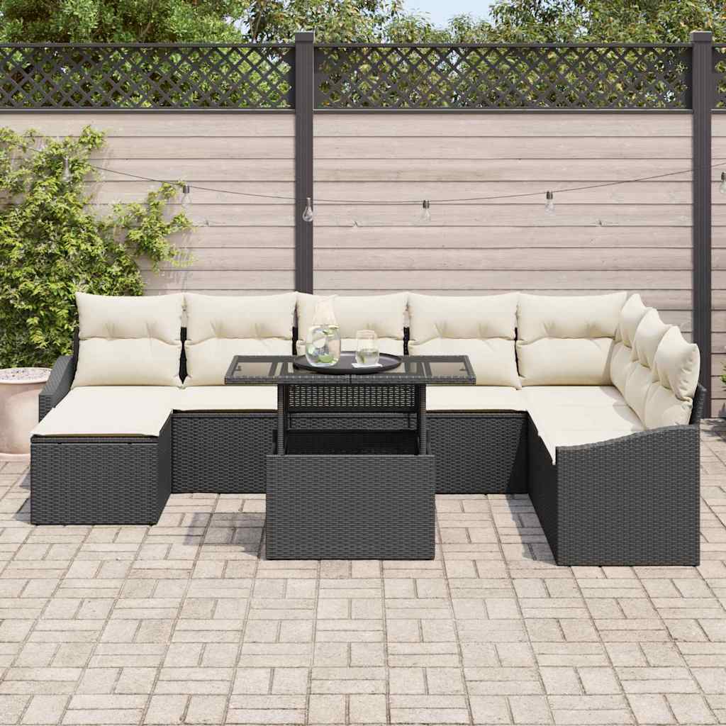 Sofa Set mit Kissen 9 pcs Schwarz und Creme Poly-Rattan