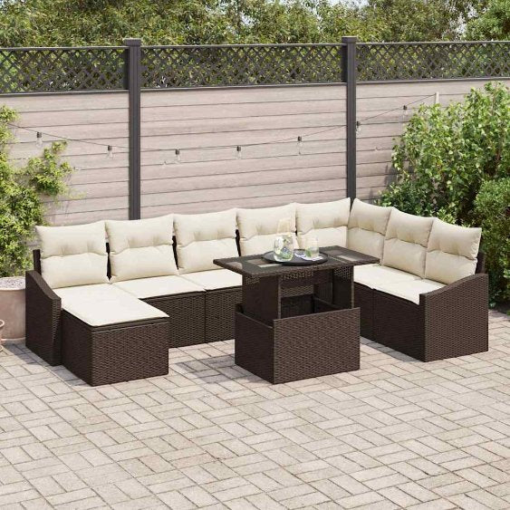 Sofa Set mit Kissen 9 pcs Schwarz und Creme Poly-Rattan