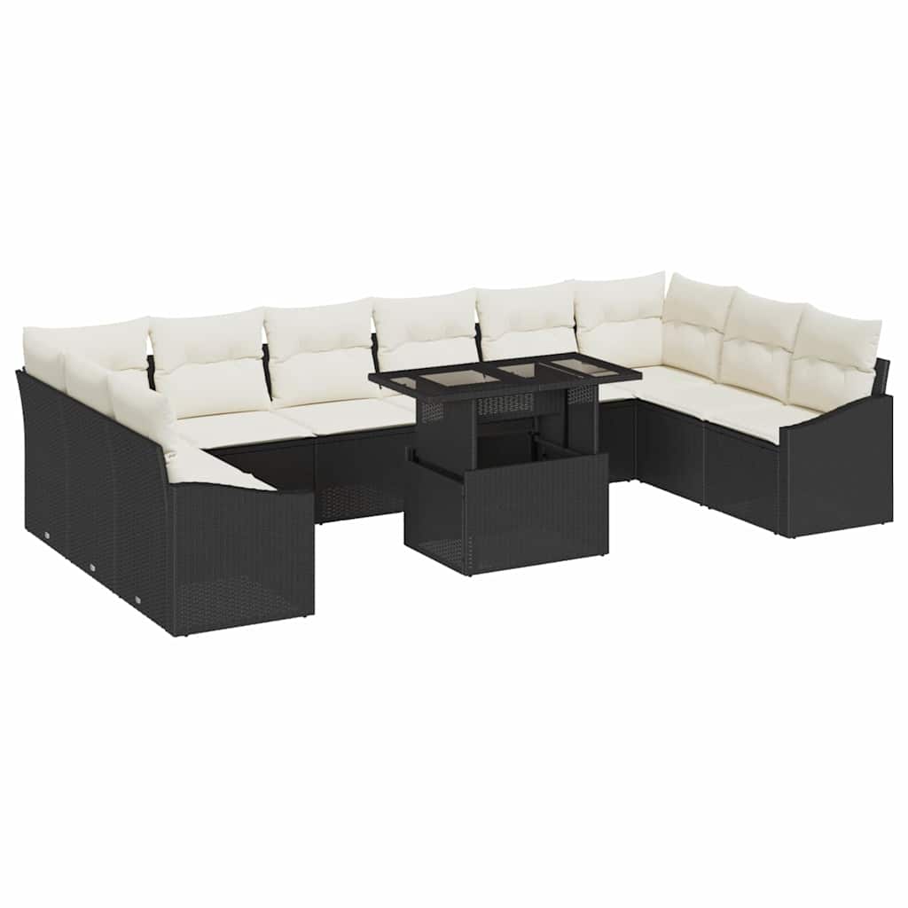 Sofa Set mit Kissen 11 pcs Schwarz und Creme Poly-Rattan