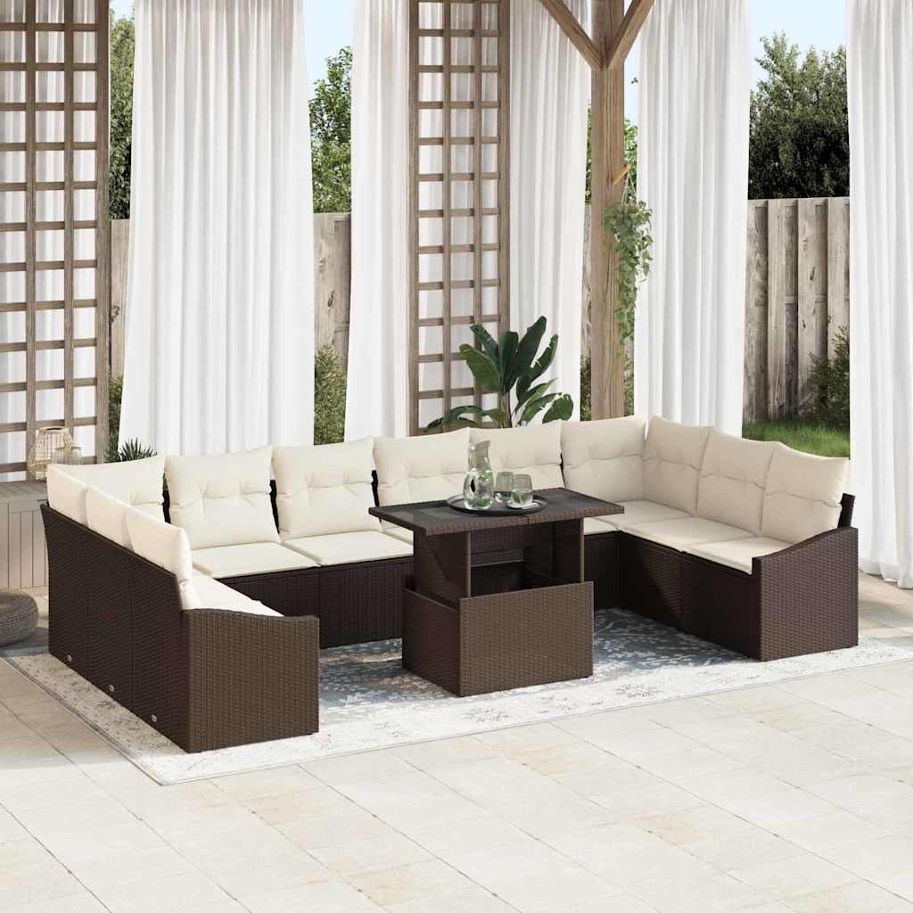 Sofa Set mit Kissen 11 pcs Schwarz und Creme Poly-Rattan