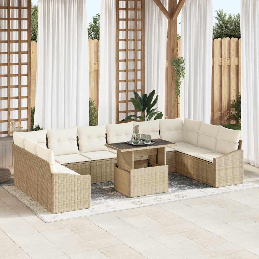Sofa Set mit Kissen 11 pcs Schwarz und Creme Poly-Rattan