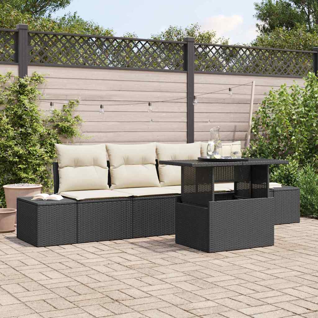 Sofa Set mit Kissen 5 pcs Schwarz und Creme Poly-Rattan