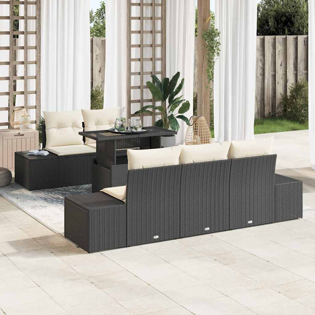 Sofa Set mit Kissen 6 pcs Schwarz und Creme Poly-Rattan