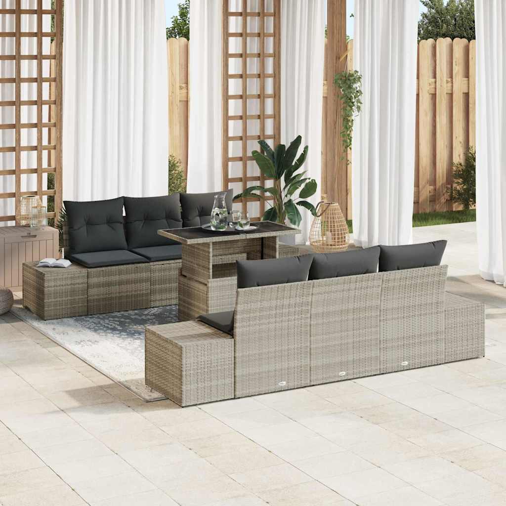 Sofa Set mit Kissen 7 pcs Schwarz und Creme Poly-Rattan