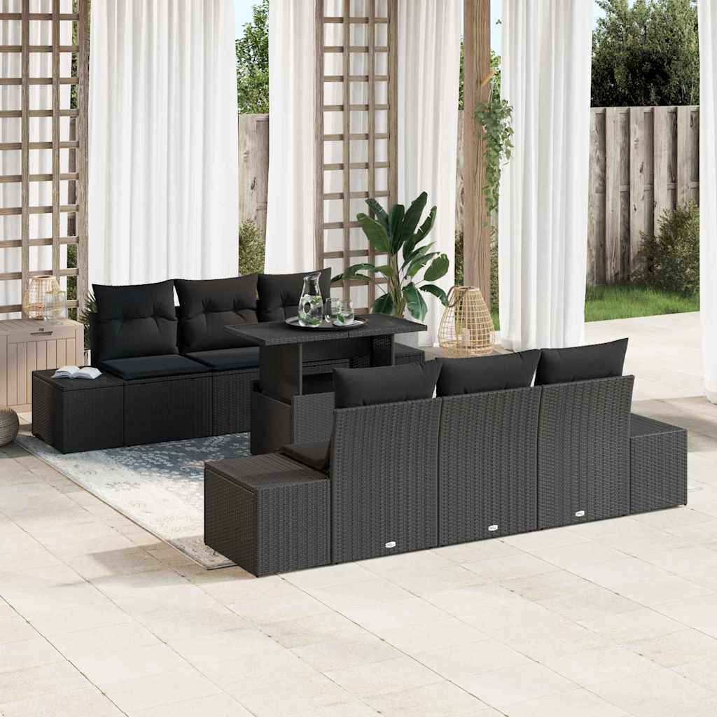 Sofa Set mit Kissen 7 pcs Schwarz und Creme Poly-Rattan