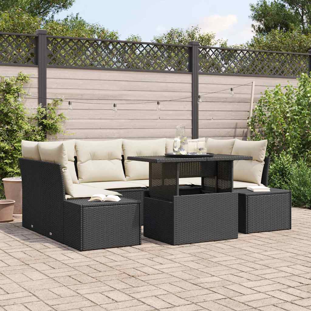 Sofa Set mit Kissen 7 pcs Schwarz und Creme Poly-Rattan