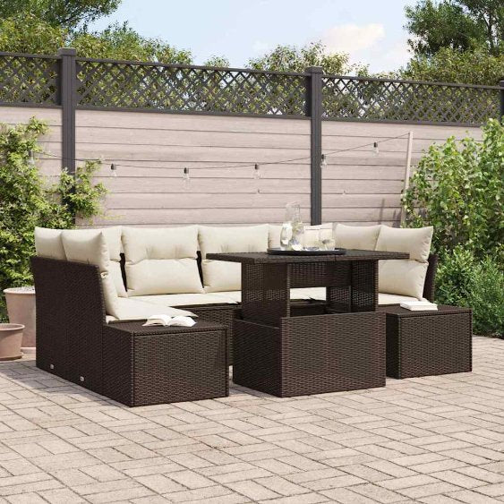 Sofa Set mit Kissen 7 pcs Schwarz und Creme Poly-Rattan