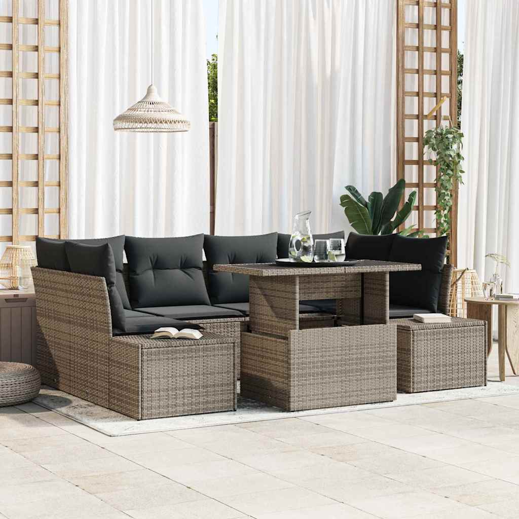 Sofa Set mit Kissen 7 pcs Schwarz und Creme Poly-Rattan