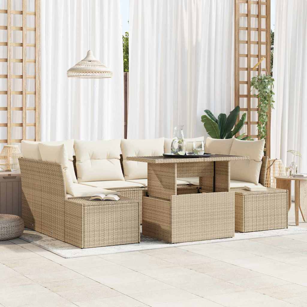 Sofa Set mit Kissen 7 pcs Schwarz und Creme Poly-Rattan