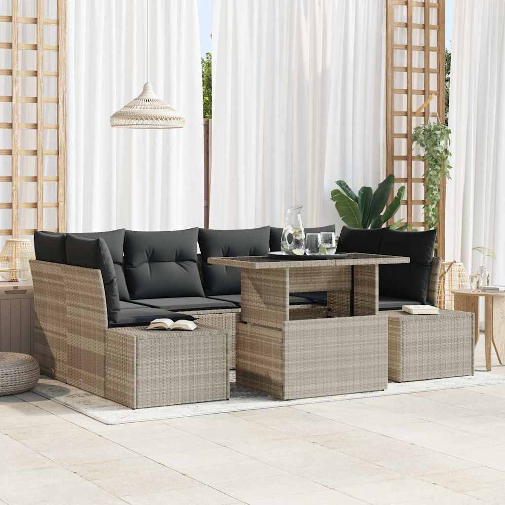 Sofa Set mit Kissen 7 pcs Schwarz und Creme Poly-Rattan