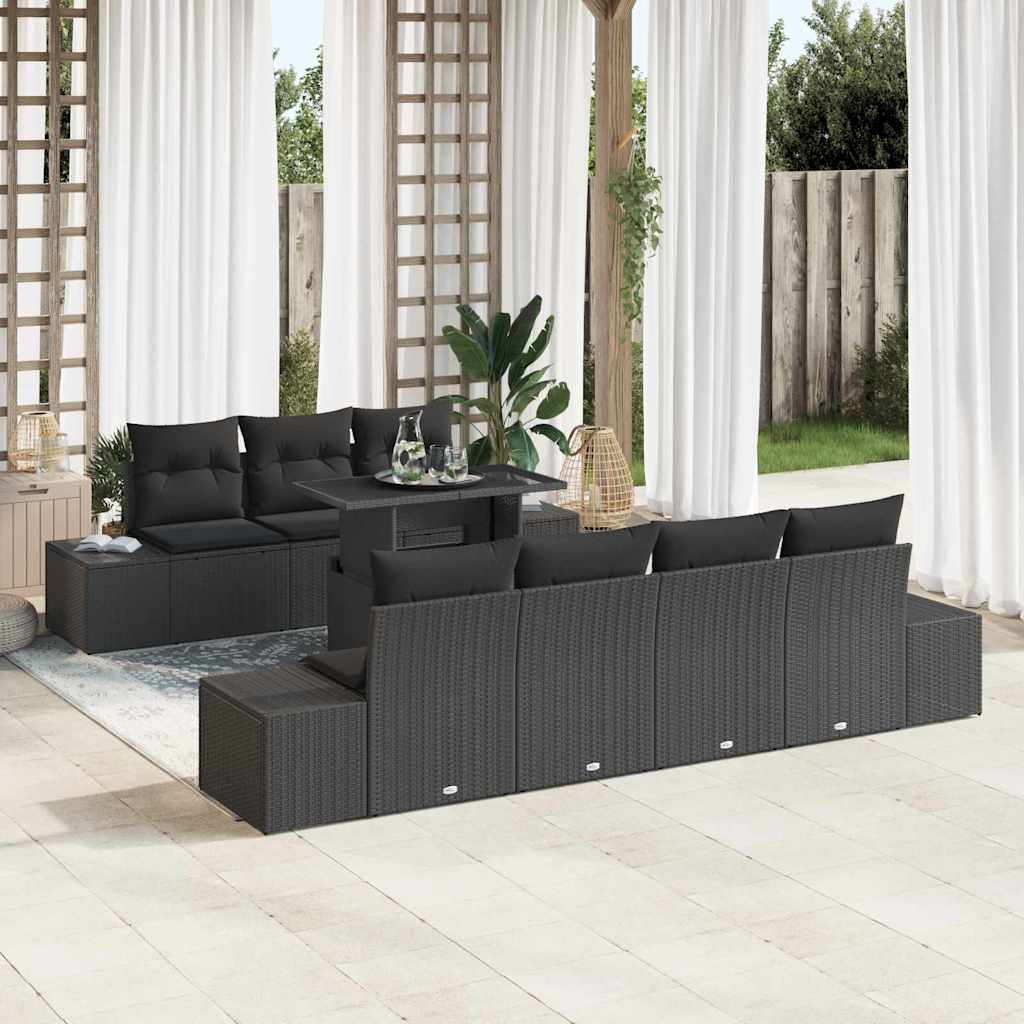 Sofa Set mit Kissen 8 pcs Schwarz und Creme Poly-Rattan