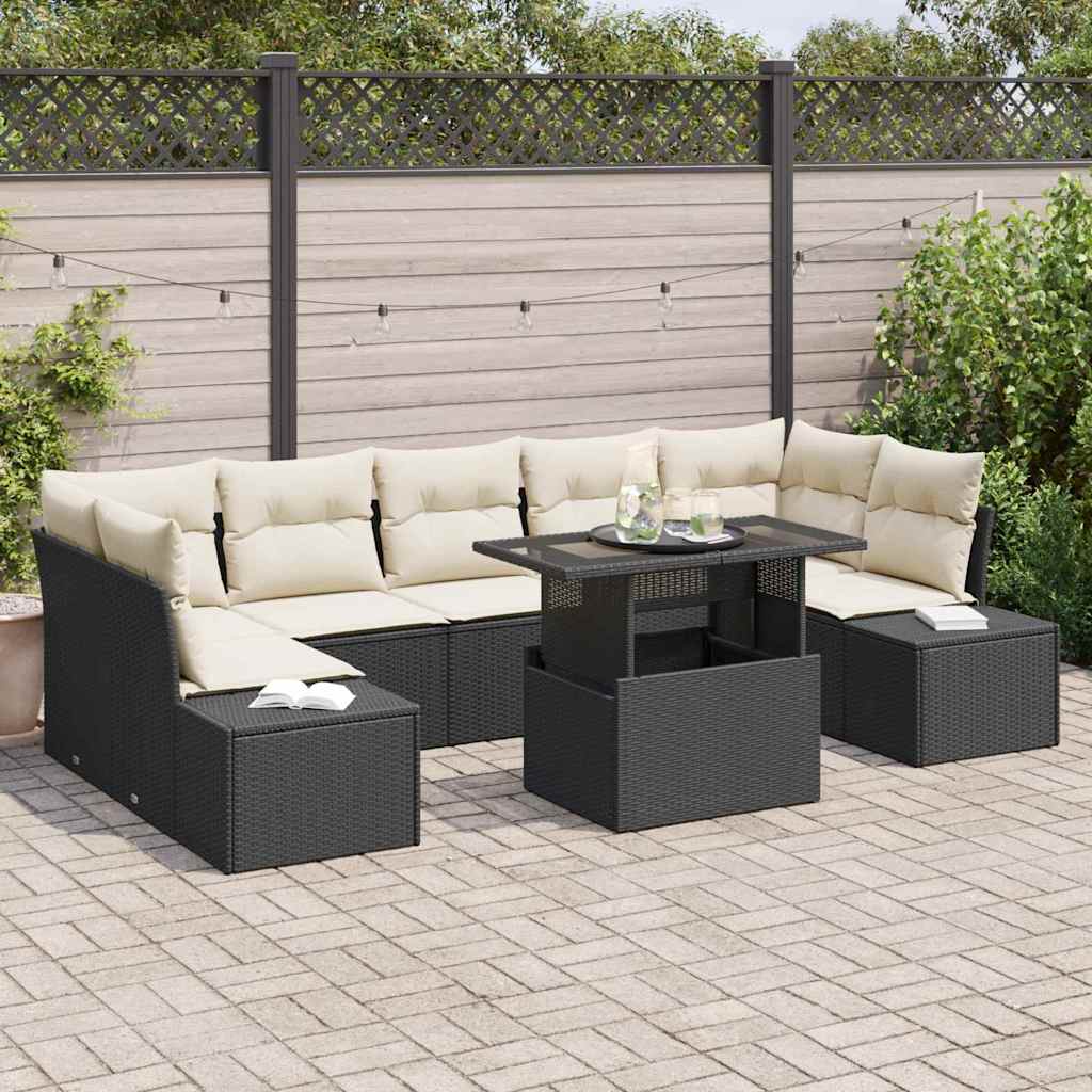 Sofa Set mit Kissen 8 pcs Schwarz und Creme Poly-Rattan