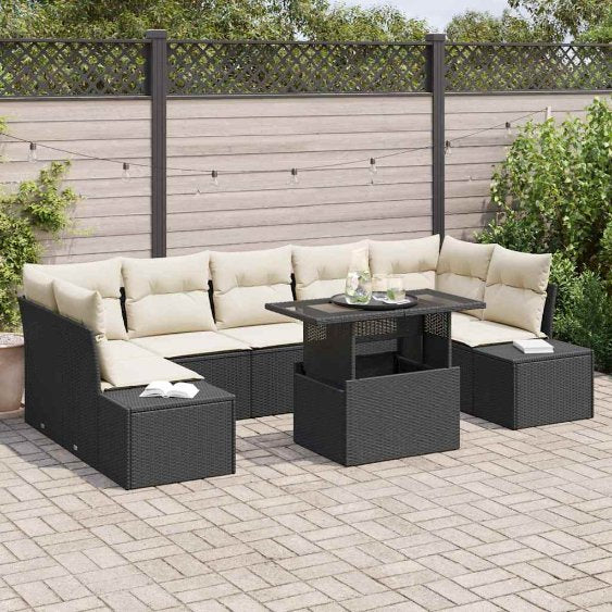 Sofa Set mit Kissen 8 pcs Schwarz und Creme Poly-Rattan