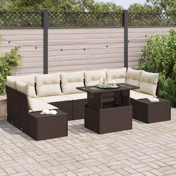 Sofa Set mit Kissen 8 pcs Schwarz und Creme Poly-Rattan
